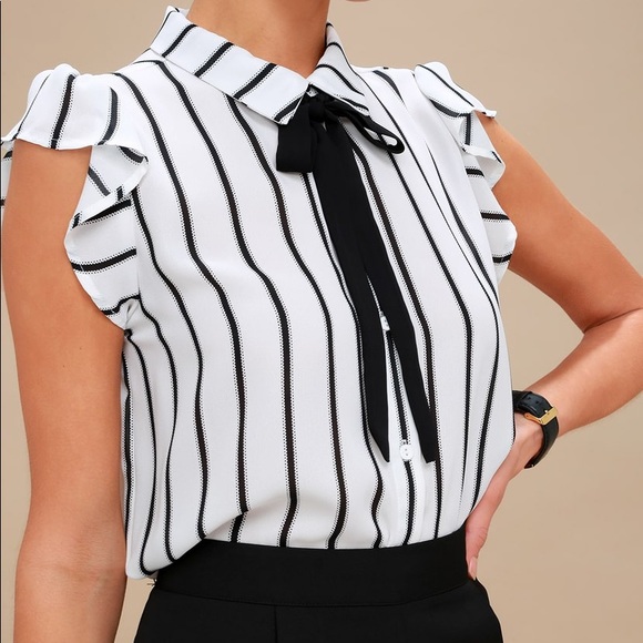 Black and White Striped Tie-Neck Top - Picture 3 of 6